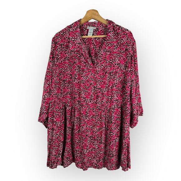 Catherines Womens 1X Polka Dot 3/4 Sleeve Button Front Tunic Blouse Top Pink - Picture 1 of 9